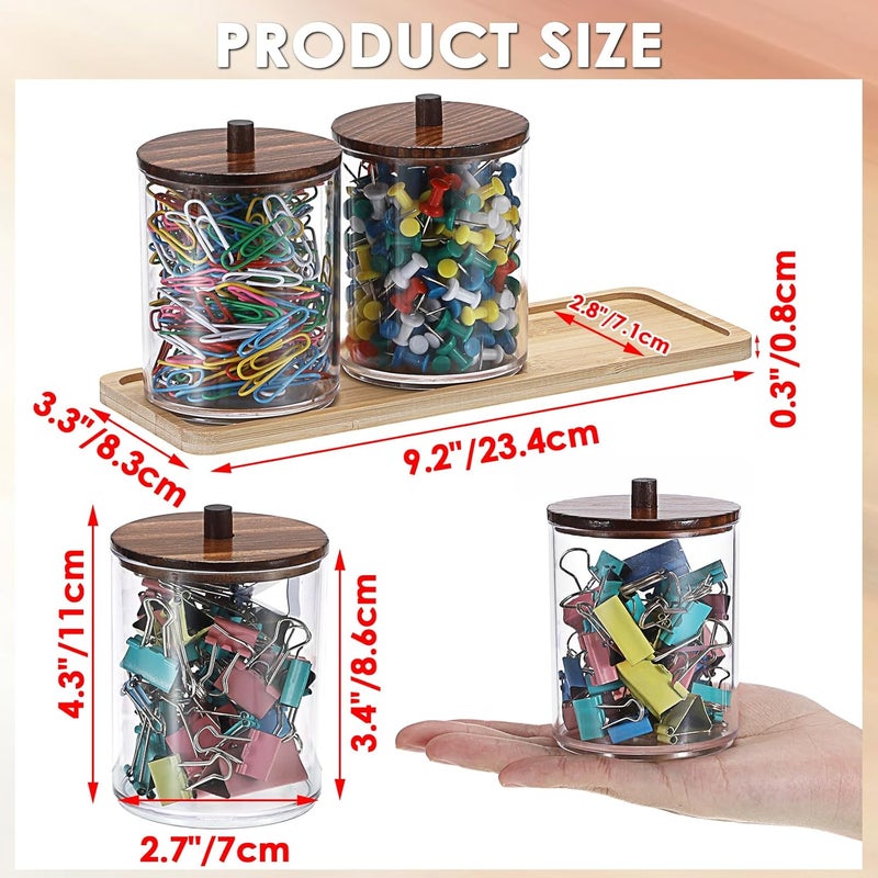 BTSKY 3 Pack PaperClip Holders with Bamboo Lids & Tray, Round Binder Holder for Desk, Clear Paper Clip Dispenser Small Office Supply Accessory Organizer Qtip Holder for Office Bathroom Vanity, Black - Image 2